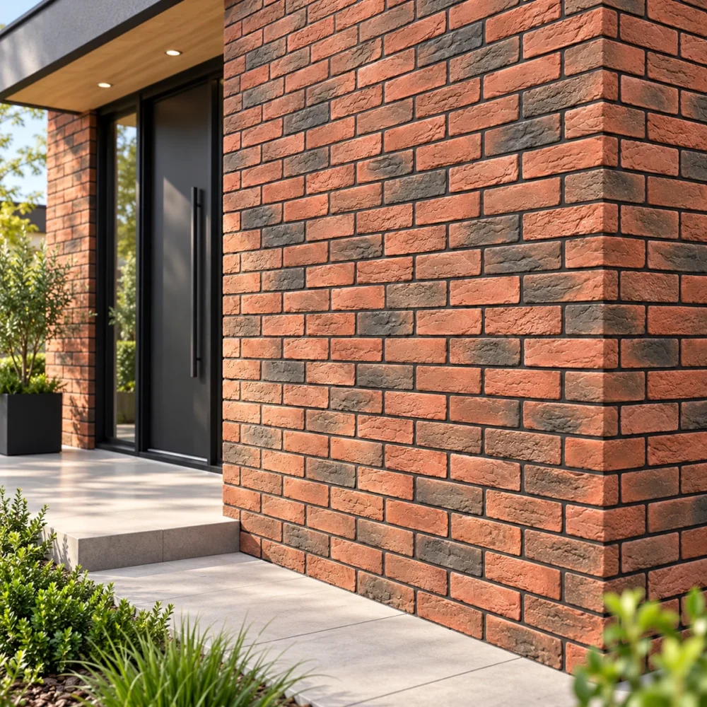 Ulaz moderne kuće sa zidom i uglom obloženim dekorativnom ciglom English Brick u crvenim i tamnim tonovima