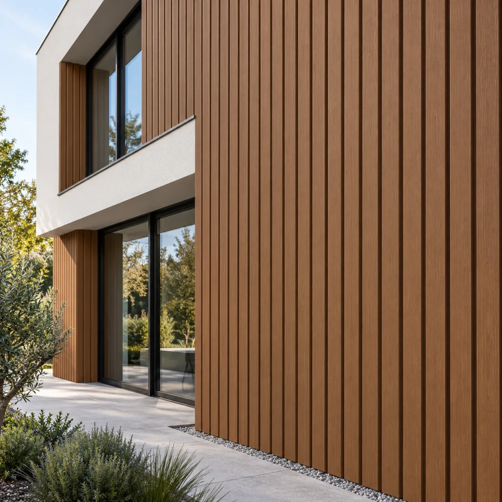 ASA fasadni kit kat panel Teak – ilustrativni prikaz na fasadi moderne kuće