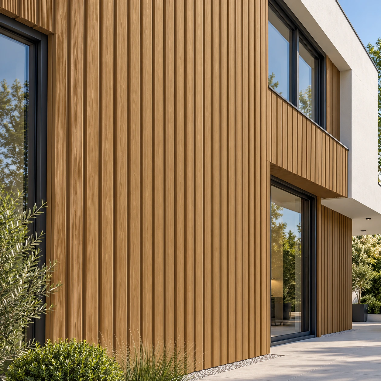 WPC fasadni kit kat panel Teak – 2900 × 222 × 25 mm – fasada WPC fasadni kit kat panel Teak – ilustrativni prikaz na fasadi moderne kuće