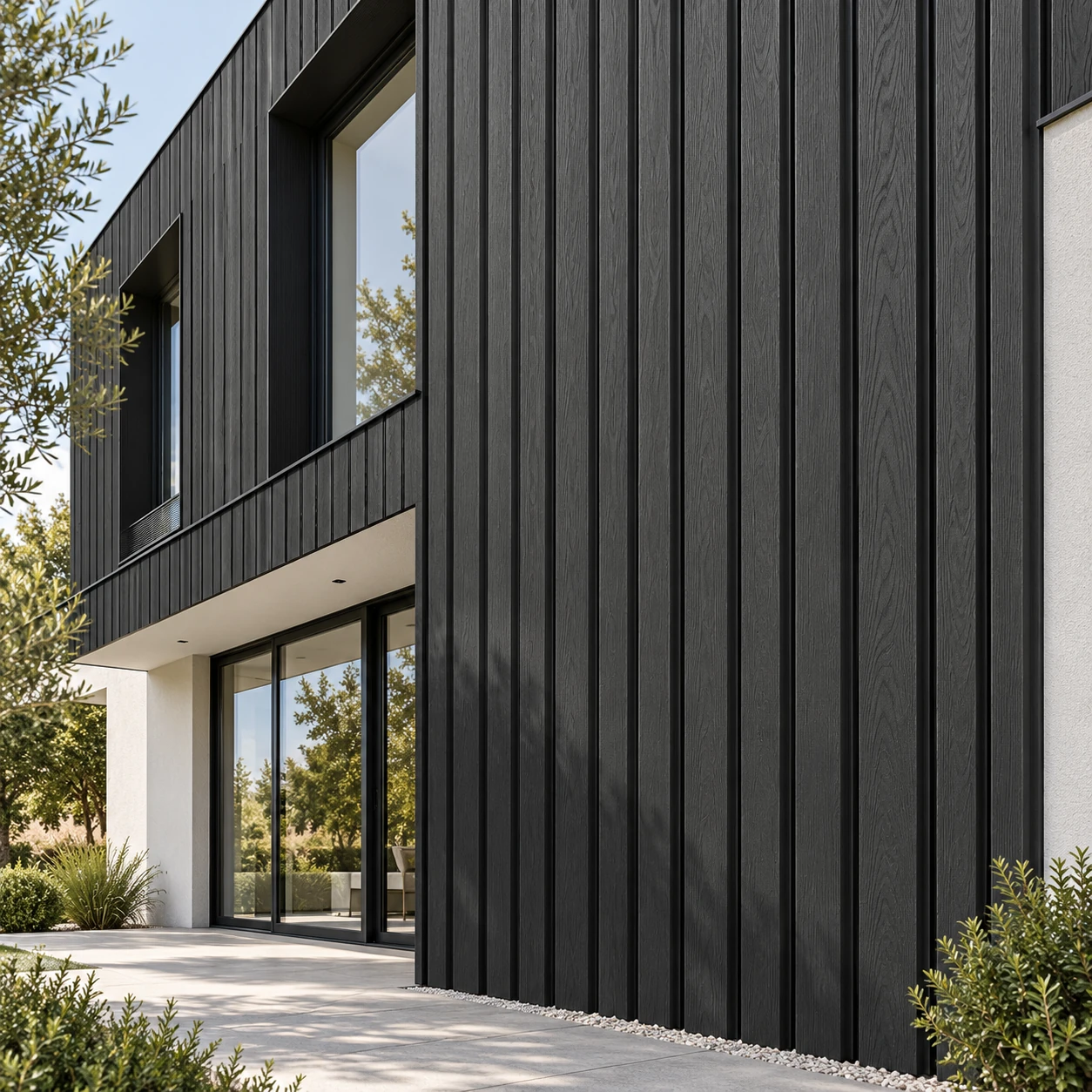 WPC fasadni panel sa tri rebra Black – 2900 × 175 × 25 mm – fasada WPC fasadni panel sa tri rebra Black – ilustrativni prikaz na fasadi moderne kuće