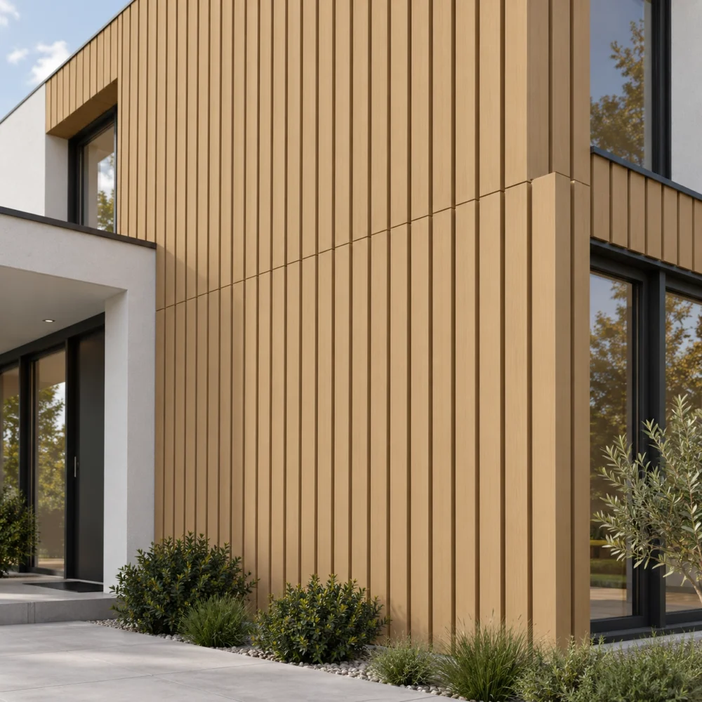 WPC fasadni kit kat panel Dark Maple – ilustrativni prikaz na fasadi moderne kuće