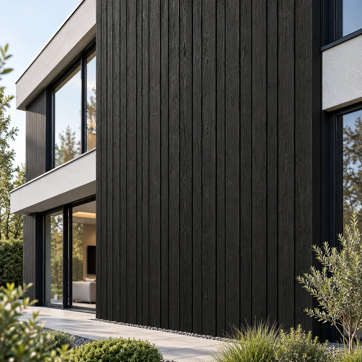 WPC ravna fasadna obloga Black – 2900 × 138 × 20 mm – fasada WPC ravna fasadna obloga Black – ilustrativni prikaz na fasadi moderne kuće