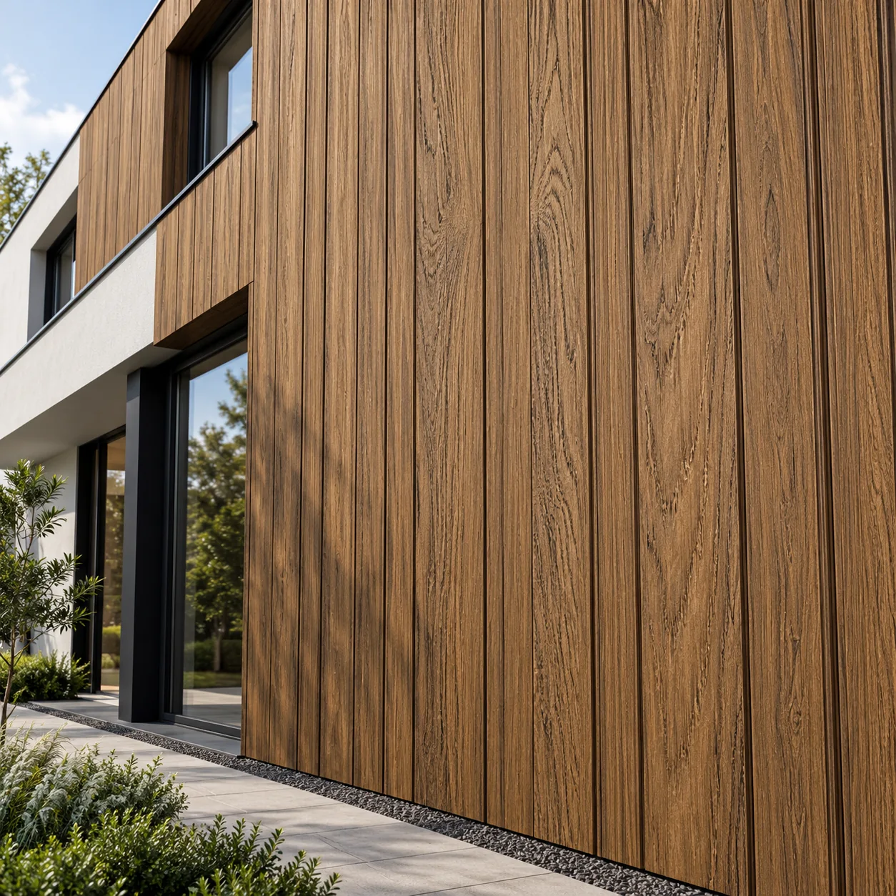 WPC ravna fasadna obloga Dark Teak – 2900 × 138 × 20 mm – fasada WPC ravna fasadna obloga Dark Teak – ilustrativni prikaz na fasadi moderne kuće