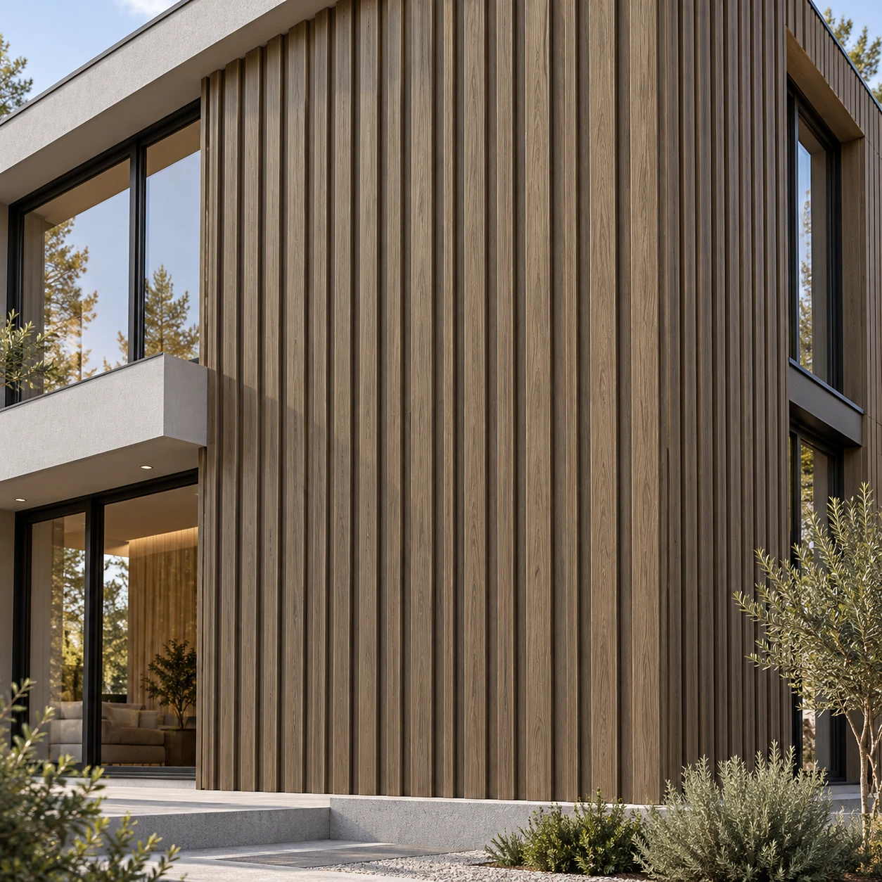 WPC Barcode fasadni panel Elm – 2900 × 268 × 33 mm – fasada WPC Barcode fasadni panel Elm – ilustrativni prikaz na fasadi moderne kuće