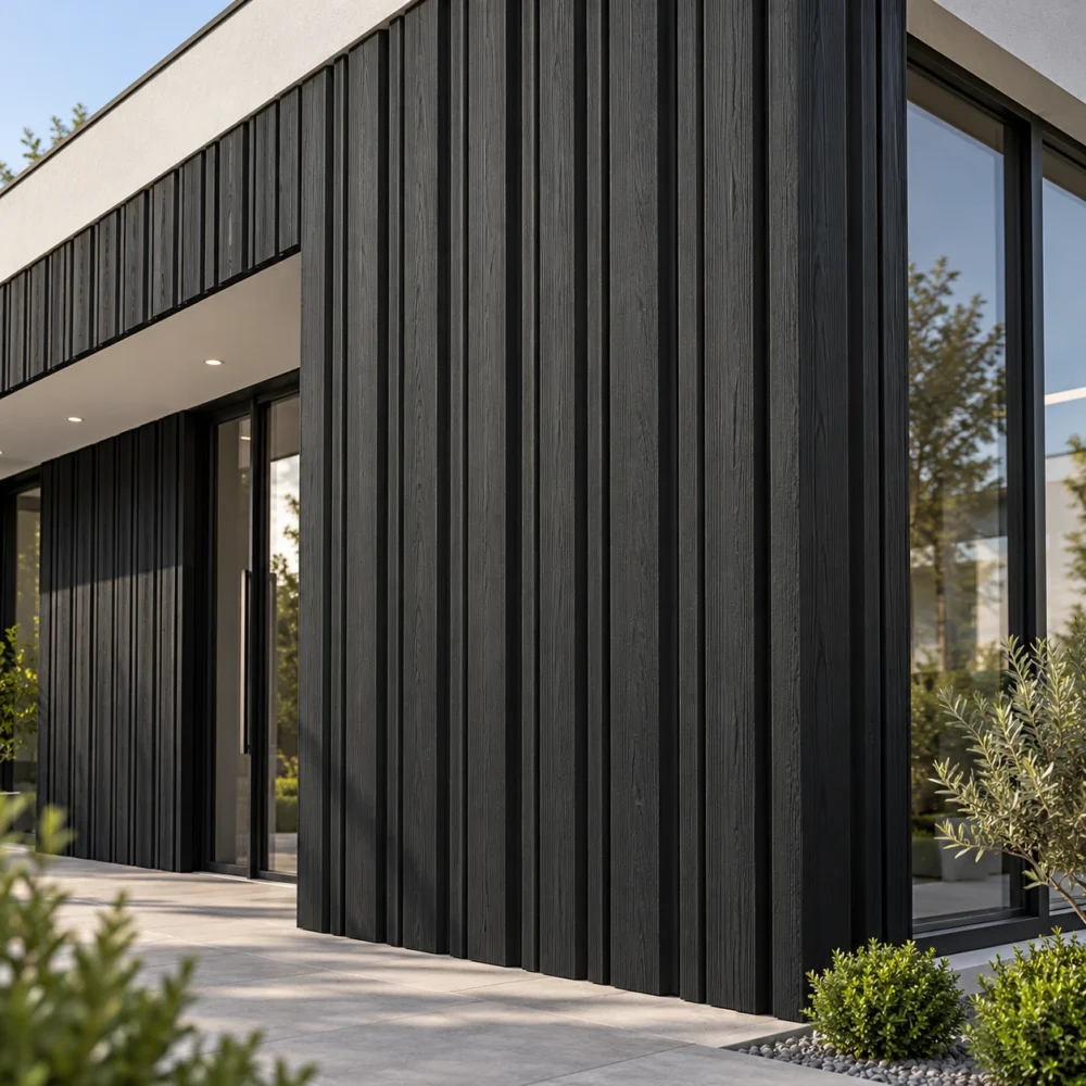 WPC Barcode fasadni panel Black – ilustrativni prikaz na fasadi moderne kuće