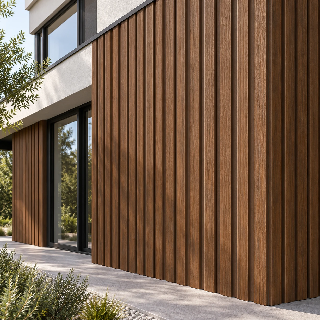 WPC fasadni panel Dark Teak – 2900 × 219 × 33 mm – fasada WPC fasadni panel Dark Teak – ilustrativni prikaz na fasadi moderne kuće